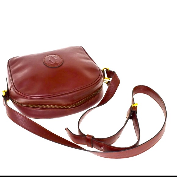 MUST DE CARTIER 2C Logo Shoulder Bag Leather Bordeaux Gold-Plated made in Italy - Picture 6 of 13